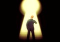 3d illustration of businessman standing in front of light door