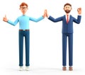 3D illustration of businessmen informal greeting. Happy office people giving high five and gesturing ok sign.