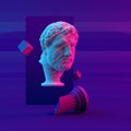 3d-illustration of bust sculpture and primitive objects on violet background Royalty Free Stock Photo