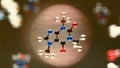 Highly detailed molecular structure of caffeine molecule with visible atomic bonds and color-coded atoms on blurred scientific Royalty Free Stock Photo