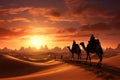 3D illustration Camel caravan amid desert dunes, Dubai skyline silhouette Royalty Free Stock Photo