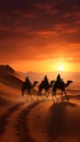 3D illustration Camel caravan amid desert dunes, Dubai skyline silhouette Royalty Free Stock Photo