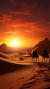 3D illustration Camel caravan amid desert dunes, Dubai skyline silhouette Royalty Free Stock Photo