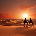 3D illustration Camel caravan amid desert dunes, Dubai skyline silhouette Royalty Free Stock Photo