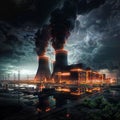 Industrial landscape with nuclear power plant. 3d render illustration., generative ai Royalty Free Stock Photo