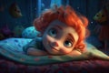 3d illustration of a little girl lying in his bed at night Ai Generative