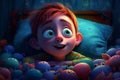 3d illustration of a little boy lying in his bed at night Ai Generative