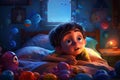 3d illustration of a little boy lying in his bed at night Ai Generative