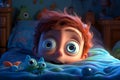 3d illustration of a little boy lying in his bed at night Ai Generative