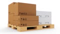 3D illustration cardboard boxes on wooden pallets isolated on a white background. Cardboard boxes for the delivery of Royalty Free Stock Photo