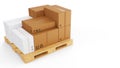 3D illustration cardboard boxes on wooden pallets isolated on a white background. Cardboard boxes for the delivery of Royalty Free Stock Photo