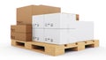 3D illustration cardboard boxes on wooden pallets isolated on a white background. Cardboard boxes for the delivery of Royalty Free Stock Photo