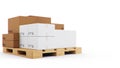 3D illustration cardboard boxes on wooden pallets isolated on a white background. Cardboard boxes for the delivery of Royalty Free Stock Photo