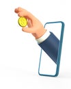 3D illustration of cartoon businessman hand holding a gold dollar coin through smartphone screen. Concept of online credit banking Royalty Free Stock Photo