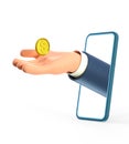 3D illustration of cartoon businessman hand reaching out to gold dollar coin through smartphone screen.