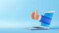 3d illustration. Cartoon character businessman hand shows thumb up, like gesture, sticking out the laptop screen. Successful Royalty Free Stock Photo