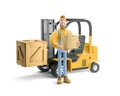 3d illustration. Cartoon character. Deliveryman in overalls standing next to a forklift.