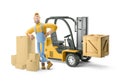 3d illustration. Cartoon character. Deliveryman in overalls standing next to a forklift.