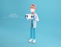 3D illustration cartoon character doctor with a paper have text social distancing on hand. 3D rendering