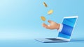 3d illustration. Cartoon character hand sticking out the laptop screen, throws up golden coins to the air. Internet commerce