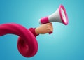 3d illustration. Cartoon character hand wearing red knitwear sweater, holds megaphone. Online social media clip art isolated on