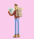 Cartoon character tourist holds world map in hands. 3d illustration.