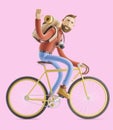 Cartoon character tourist ride on bicycle. 3d illustration.