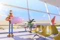 Cartoon character holds a big credit card in airport. 3d illustration. Concept of travel over the air miles