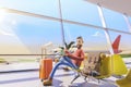 Cartoon character tourist sits with hand phones in airport. 3d illustration. A man is waiting for his flight in the airport lobby Royalty Free Stock Photo