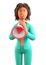 3D illustration of cartoon cheerful african american woman holding a speaker. Close up portrait of cute excited businesswoman