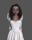 3D illustration of a cartoon Halloween bride in a white dress isolated on a grey background