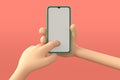 3d illustration of Cartoon hand holding smartphone on pink backdrop. Cartoon phone device Mockup. online cosmetic Royalty Free Stock Photo