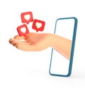 3D illustration of cartoon human hand reaching out to like heart icons on a red pins through smartphone screen. Royalty Free Stock Photo