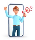 3D illustration of cartoon man holding a megaphone at smartphone screen. Blogger character announcing over the loudspeaker