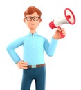 3D illustration of cartoon smiling man holding a speaker. Close up portrait of cute businessman with megaphone looking at camera Royalty Free Stock Photo