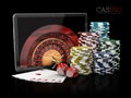 3d Illustration of Casino background with tablet, dice, cards, roulette and chips. Royalty Free Stock Photo
