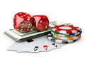 3d Illustration of casino Dices, Play Card, Money and Poker Chips. isolated white Royalty Free Stock Photo