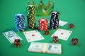 3D illustration casino game. Chips, playing cards for poker. Poker chips, red dice and money on green table. Online Royalty Free Stock Photo