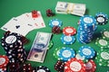 3D illustration casino game. Chips, playing cards for poker. Poker chips, red dice and money on green table. Online Royalty Free Stock Photo