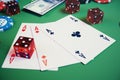 3D illustration casino game. Chips, playing cards for poker. Poker chips, red dice and money on green table. Online Royalty Free Stock Photo