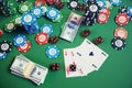 3D illustration casino game. Chips, playing cards for poker. Poker chips, red dice and money on green table. Online Royalty Free Stock Photo