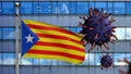 3D illustration Catalonia independent flag modern city. Catalan estelada covid19