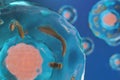 3D illustration cell of a living organism, scientific concept. Illustration on a blue background. The structure of the Royalty Free Stock Photo