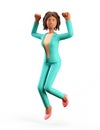 3D illustration of cheerful african american woman jumping celebrating success. Cartoon winning happy businesswoman Royalty Free Stock Photo