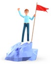3D illustration of cheerful man hoisting a red flag on the top mountain. Cartoon happy businessman throwing his hand up Royalty Free Stock Photo