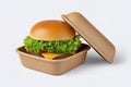 3D illustration of a cheeseburger with lettuce and cheese in an open eco-friendly food container Royalty Free Stock Photo