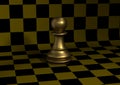 3D illustration of Chess pawn made of old metal, on curving chessboard