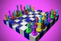 3D illustration chess pieces multi-colored and bright