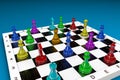 3D illustration of a chessboard with multi-colored chess.