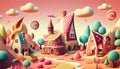 3D illustration for children's book Fantasy Colorful Candyland Background with cupcake, candies, clouds. pink Royalty Free Stock Photo